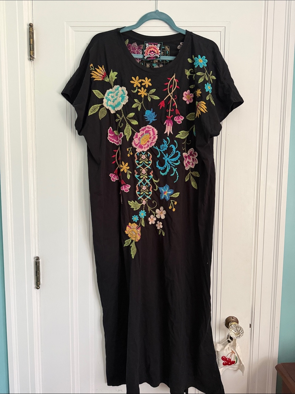 Johnny Was Black Maxi Dress with Multicolor Floral Embroidery